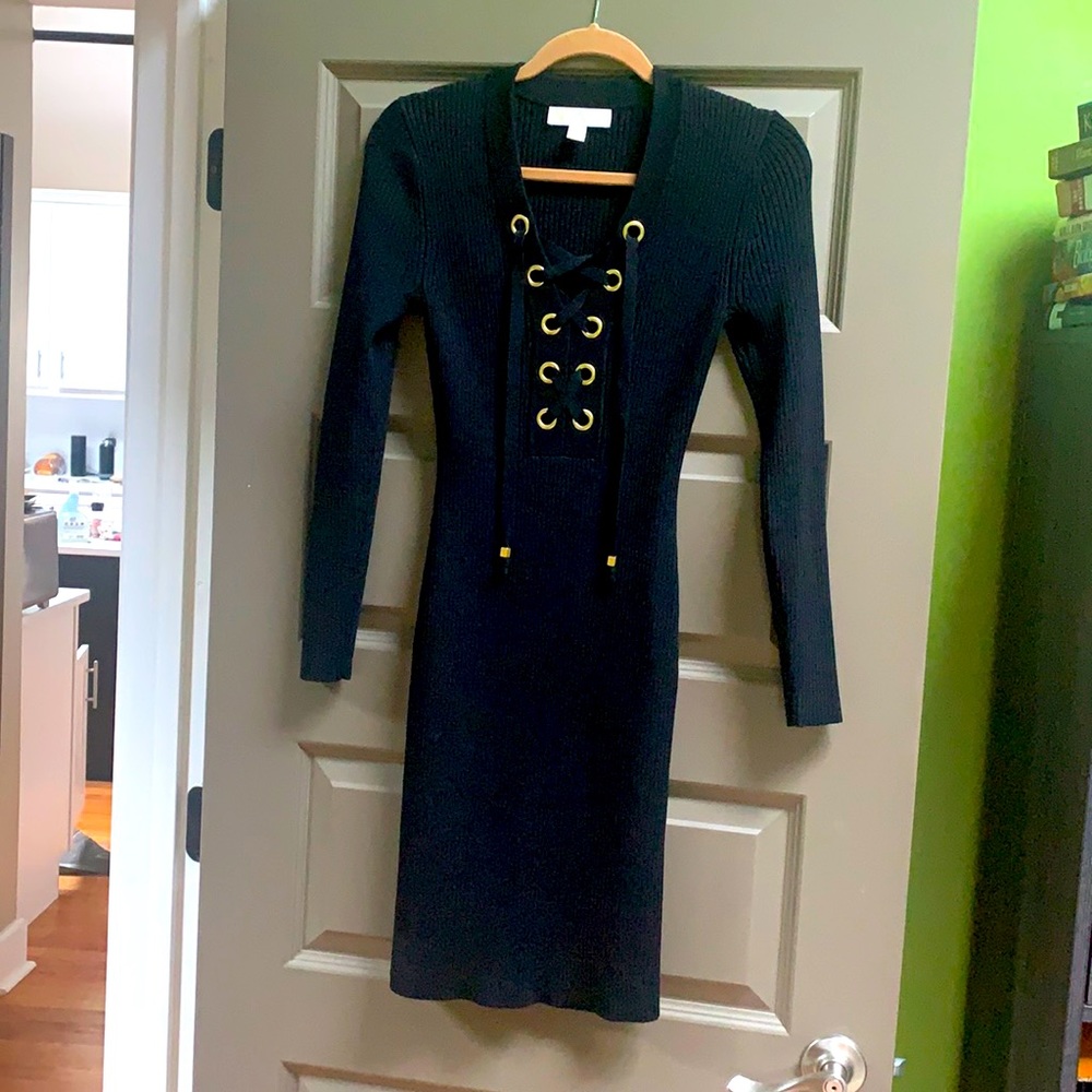 Michael by Michael Kors black knit dress with gold front tie up detail